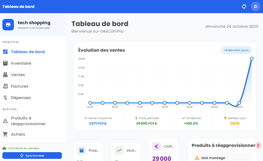 Aperçu du tableau de bord GescomPro